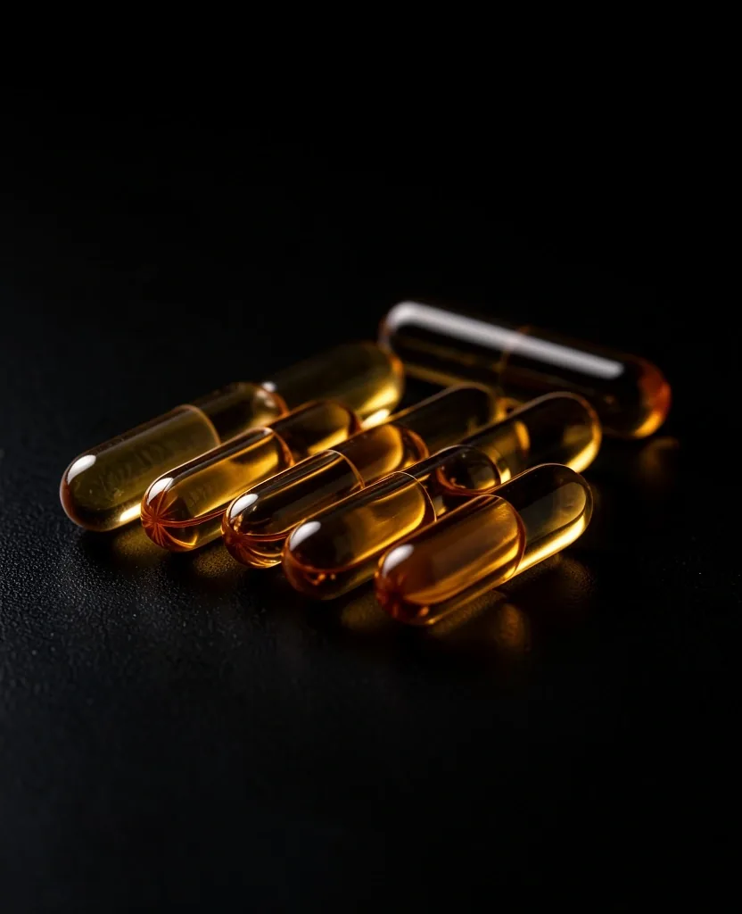 Arranged daily vitamin capsules on dark surface